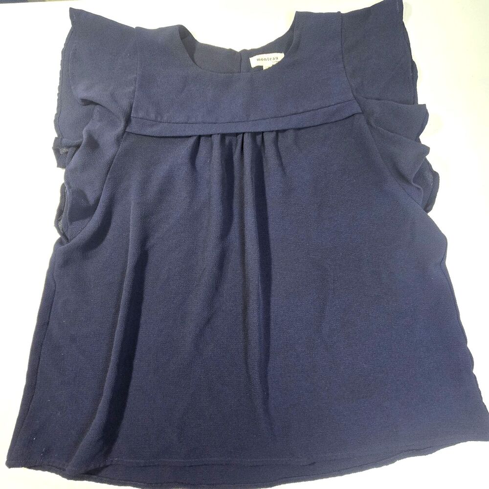 Monteau Los Angeles Womens Large Ruffle Sleeve Blouse Navy Top